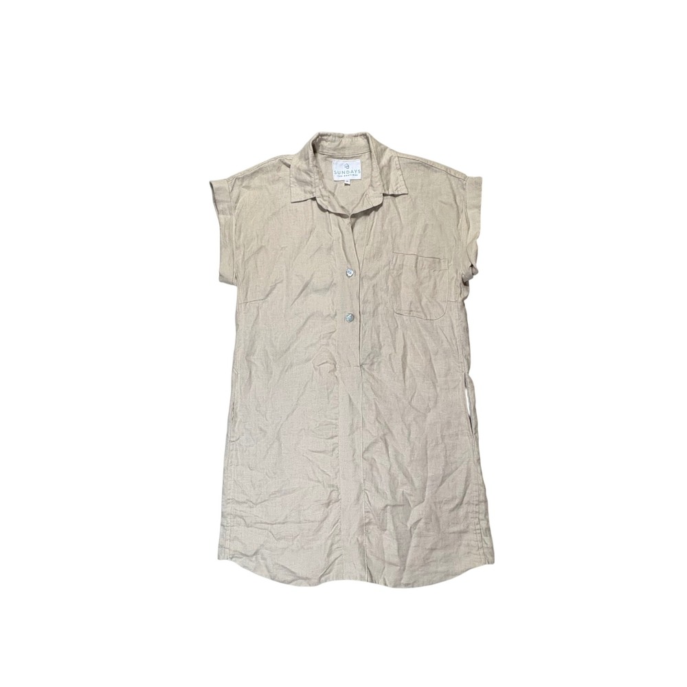 Sundays Boutique Women's M Beige 100% Linen Short Shirt Dress Tunic Neutral Chic